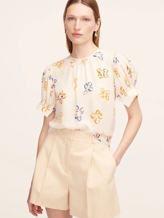 Rebecca Taylor Tops - Rebecca Taylor 100% Silk Cream Floral Puff-Sleeve Blouse